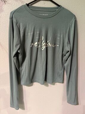 True Religion Long Sleeve Logo Tee - Slate Green Large